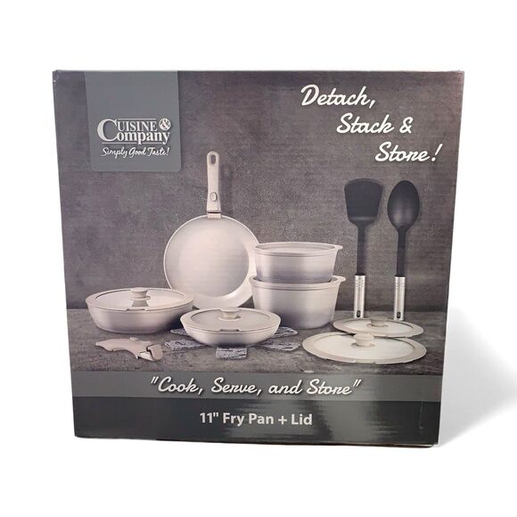 Cuisine 11" Fry Pan + Lid Cook Serve Store Detachable Handles + 2 Utensils New - Picture 4 of 4